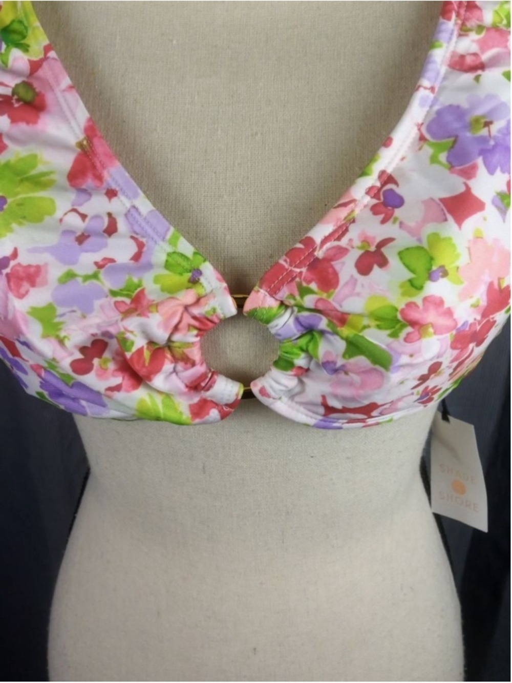 Shade & Shore Women's Halter Bikini Top Large White Pink Floral - Picture 2 of 7